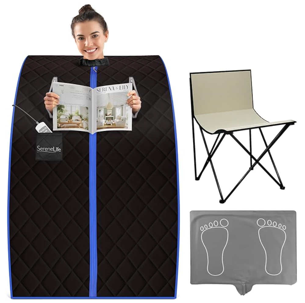 SereneLife body-only sauna shown with a woman inside.